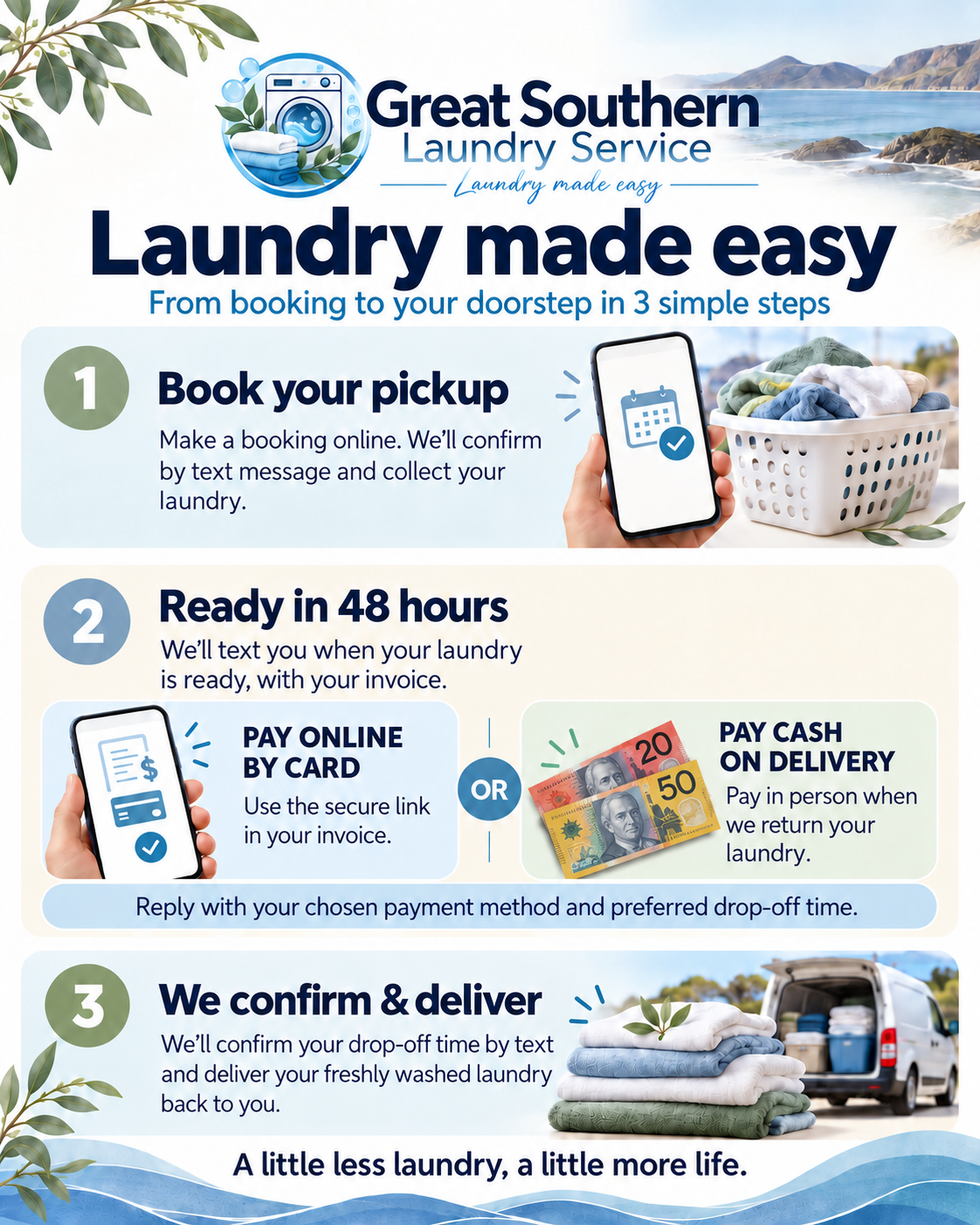 Great Southern Laundry Service logo with washing machine, folded towels and leaves
